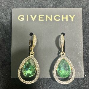 Lovely GIVENCHY Green Teardrop & Clear CZ Dangle Earrings /NEW on Stock-card